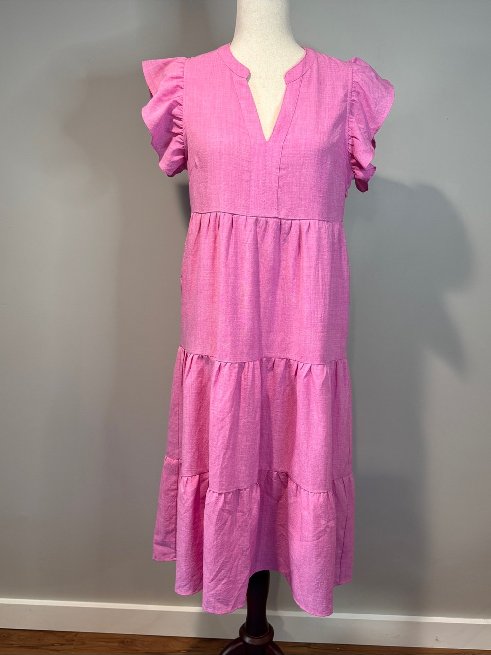 THML Pink Tiered Midi Dress Ruffle Sleeve Pockets Boho Coastal Cottagecore S